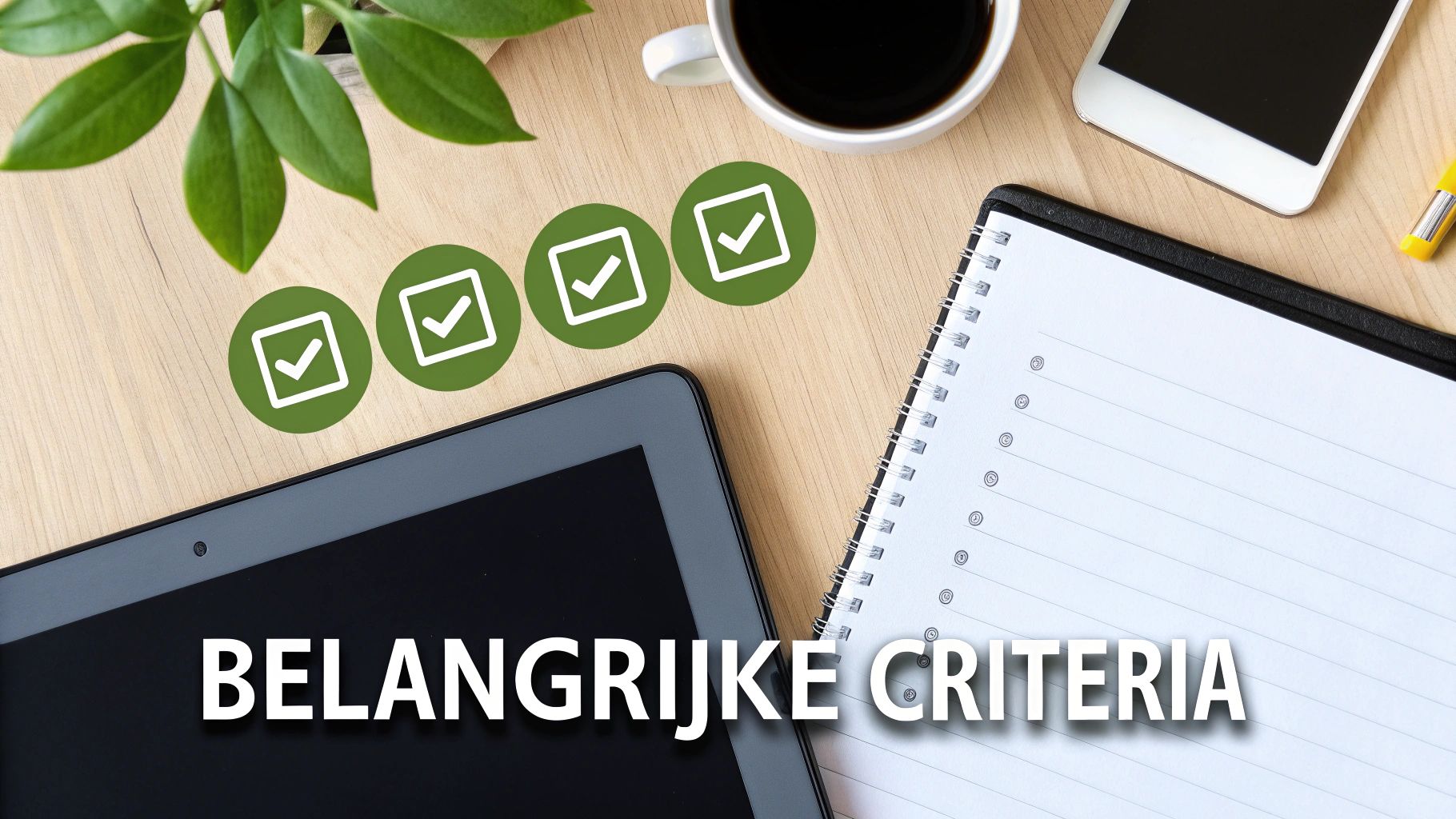 Een bovenaanzicht van een bureau met tablet, notitieblok, koffie en plant. Vijf groene vinkjes symboliseren belangrijke criteria.
