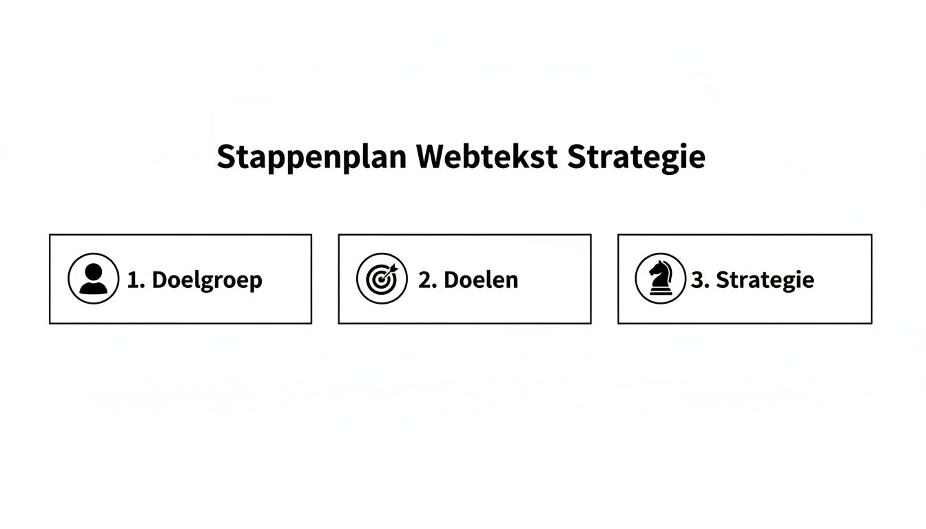 Stappenplan voor webtekst strategie, gericht op doelgroep, doelen bepalen en de algehele strategie uitvoeren.