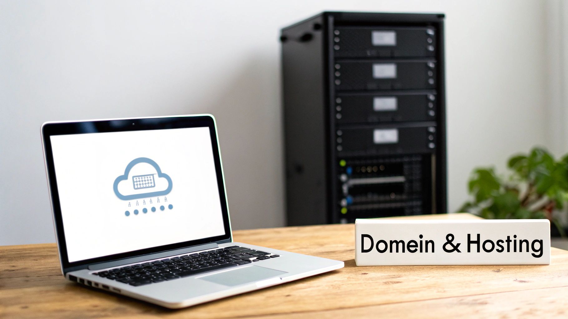 Laptop op houten bureau met cloud-icoon op scherm, serverkast en blokje 'Domein & Hosting'.