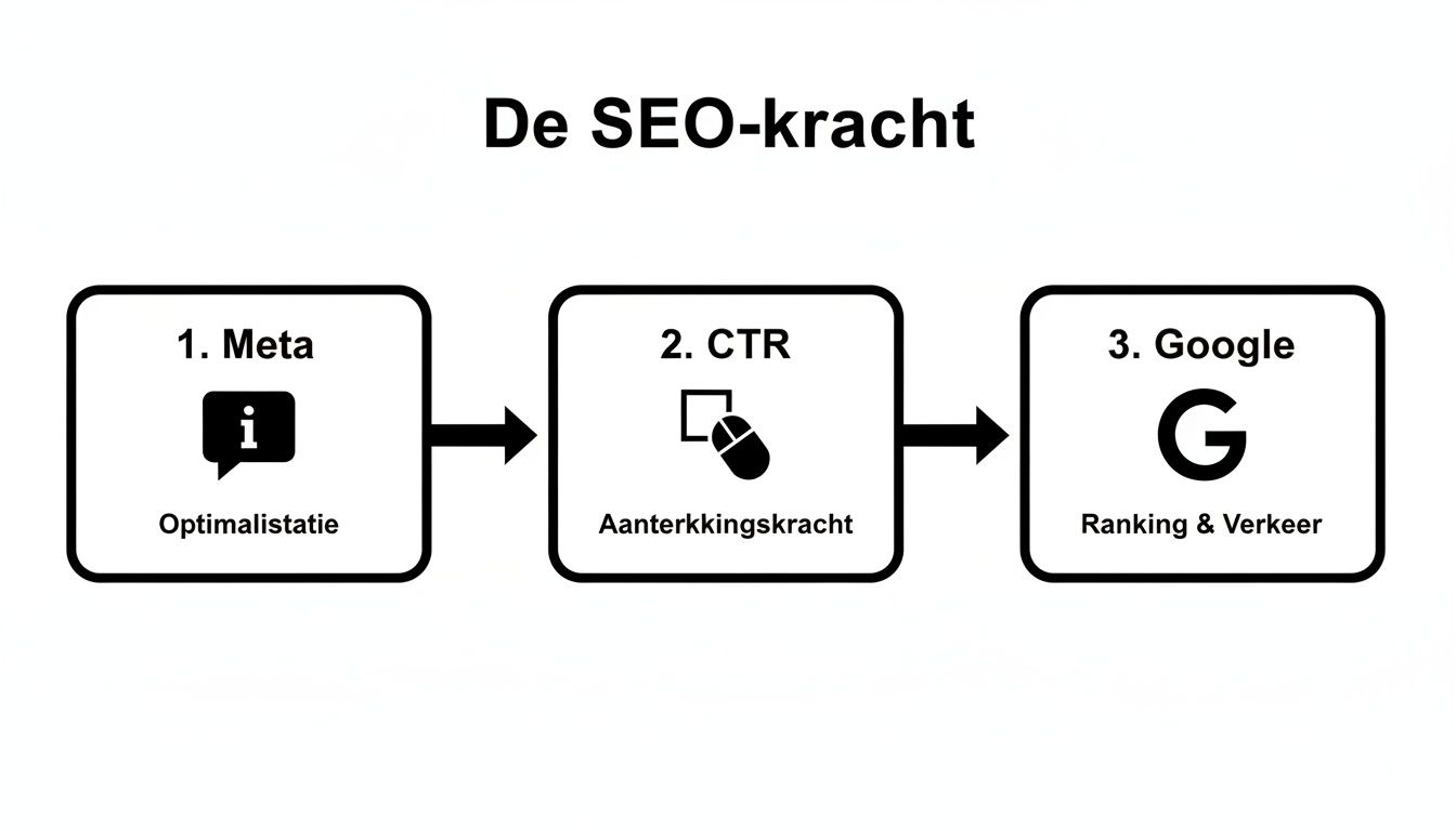 Een stroomschema dat de kracht van SEO uitlegt met stappen zoals Meta optimalisatie, CTR en Google ranking.