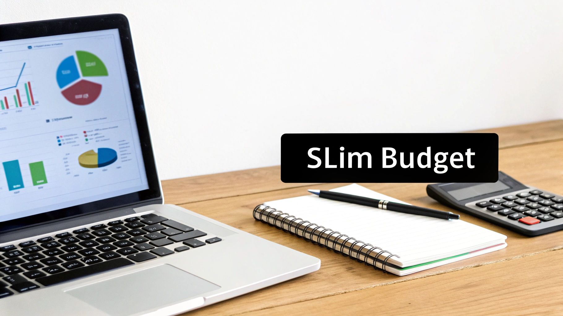 Een werkplek met een laptop die financiële grafieken toont, notitieboekje, pen en rekenmachine. De tekst 'SLim Budget' is zichtbaar.