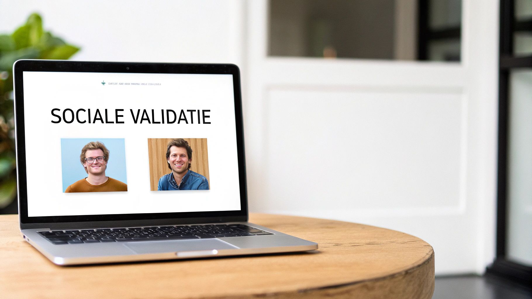 Laptop op houten tafel toont presentatie 'Sociale Validatie' met foto's van twee lachende mannen.