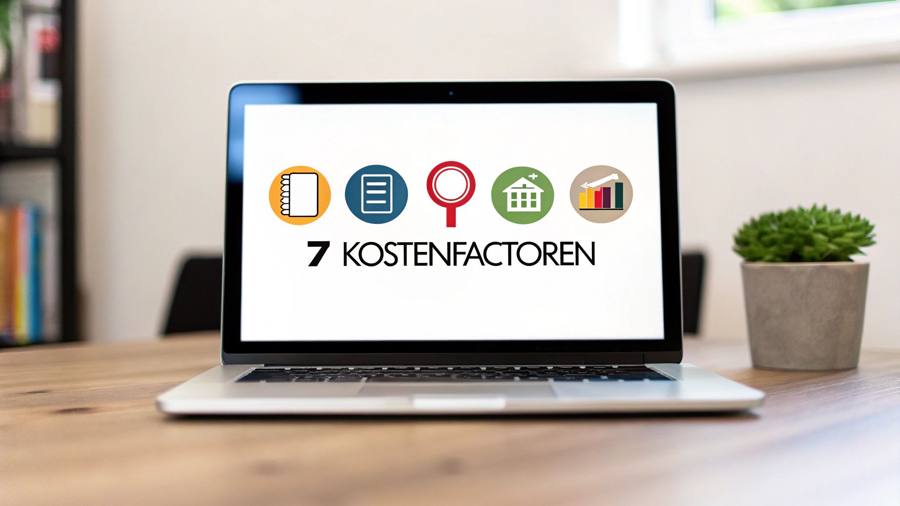Een laptop op een houten bureau toont de tekst '7 KOSTENFACTOREN' en gerelateerde pictogrammen op het scherm.