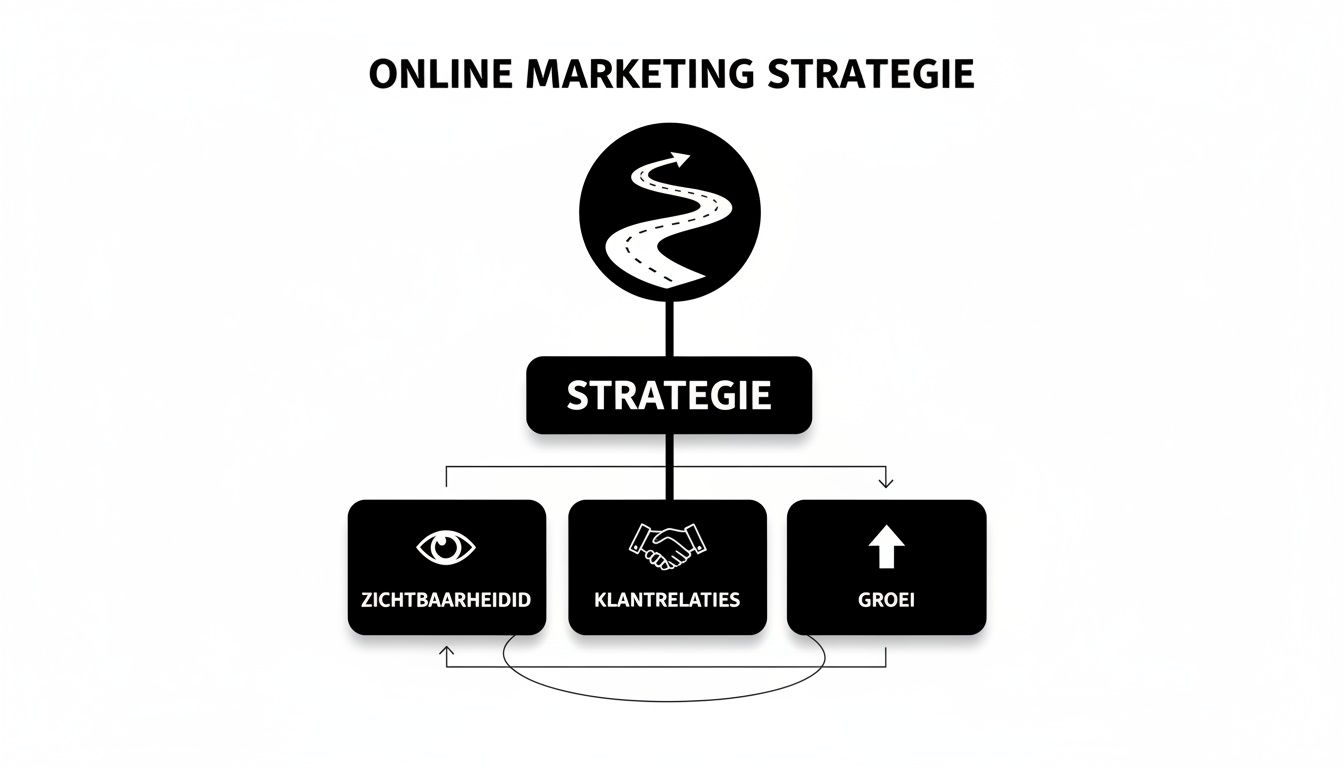 Diagram dat de online marketing strategie illustreert, beginnend met strategie en leidend tot zichtbaarheid, klantrelaties en groei.