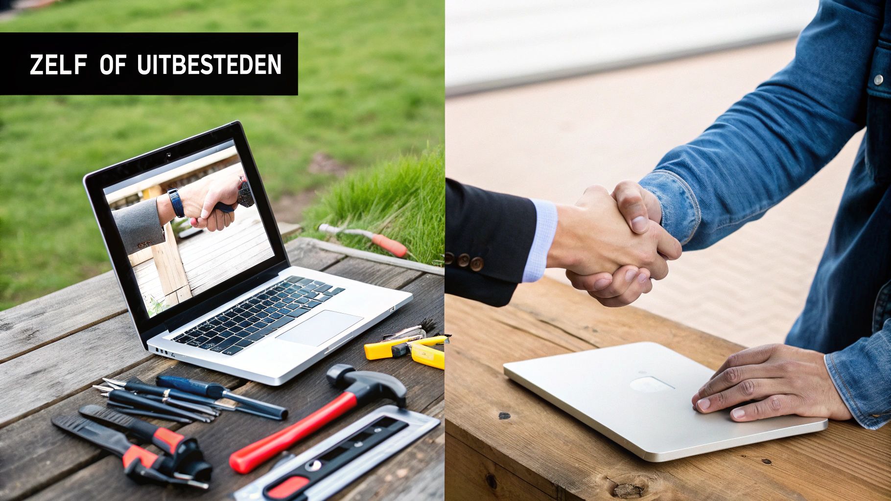 ZELF OF UITBESTEDEN: Gereedschap en laptop versus een handdruk, symboliseert de keuze tussen zelf doen en uitbesteden.
