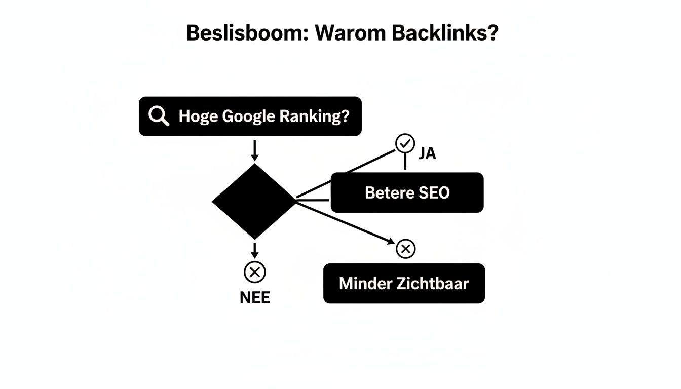 Beslisboom die uitlegt waarom backlinks leiden tot een hogere Google ranking en betere SEO.