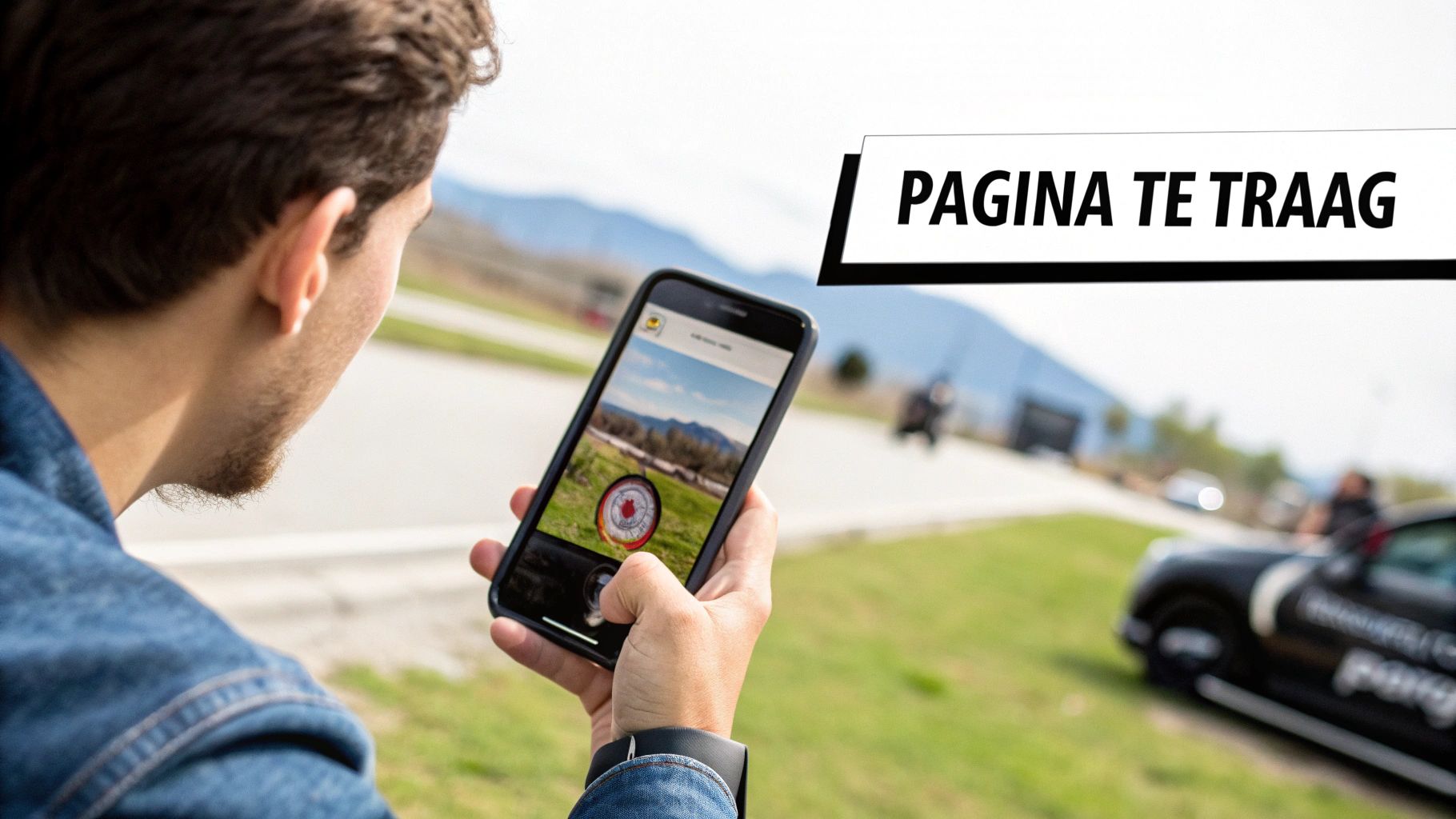 Een persoon kijkt naar een smartphone-app met een kompas en landschap. De tekst 'PAGINA TE TRAAG' is zichtbaar op de afbeelding.