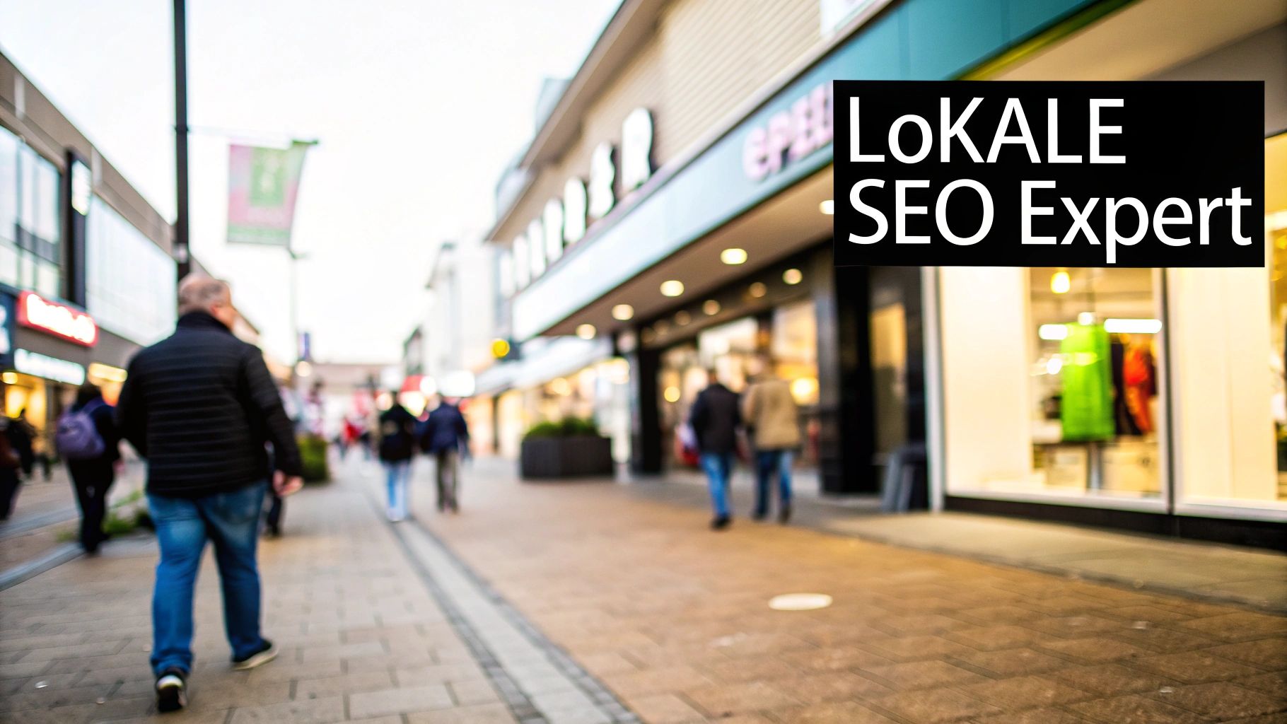 Een wazige foto van een drukke winkelstraat met winkelpuien en mensen, met de tekst 'LoKALE SEO Expert'.