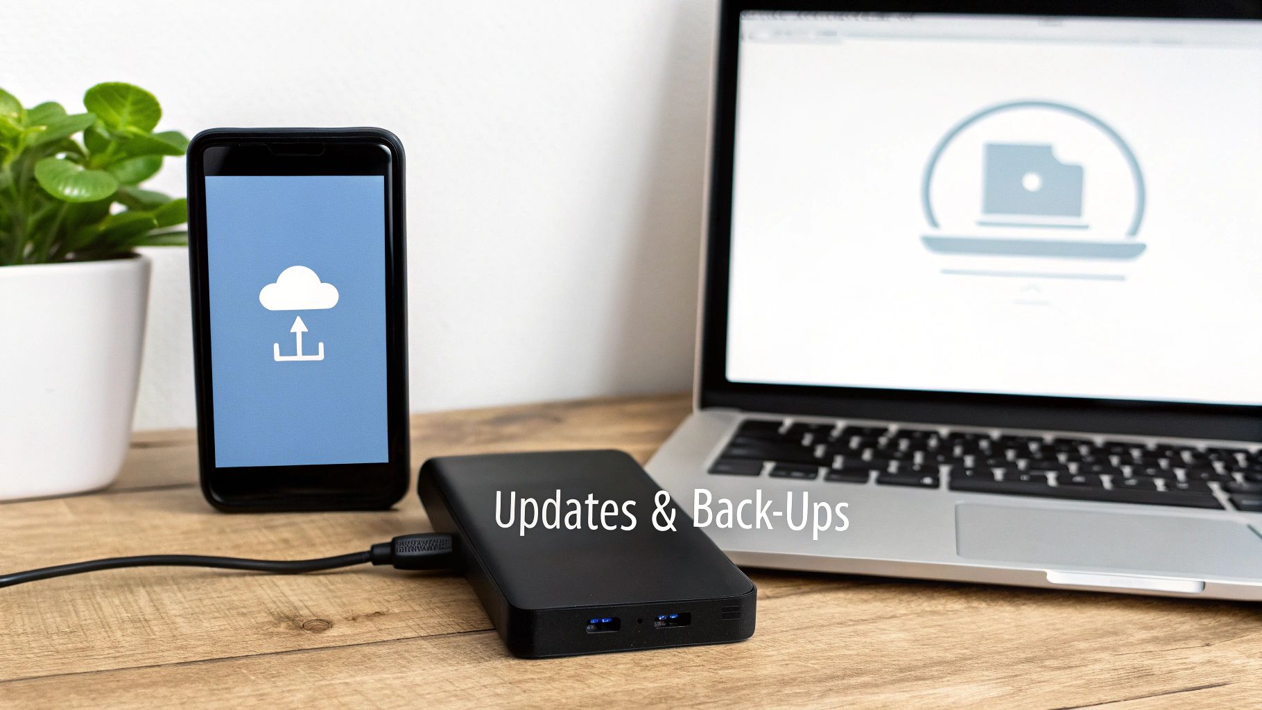 Smartphone met cloud upload icoon, externe schijf en laptop voor updates en back-ups.