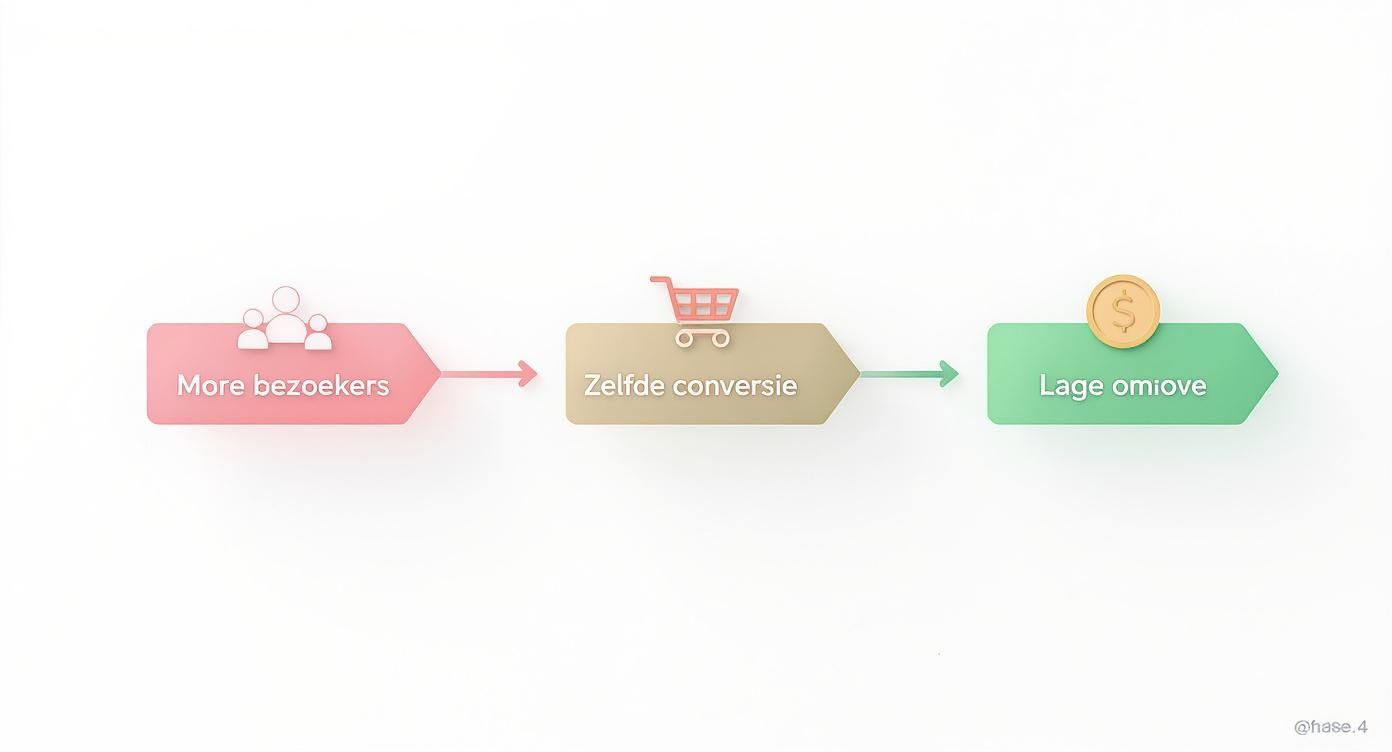 Een infographic toont een conversieproces: meer bezoekers leiden tot dezelfde conversie en lage omzet.