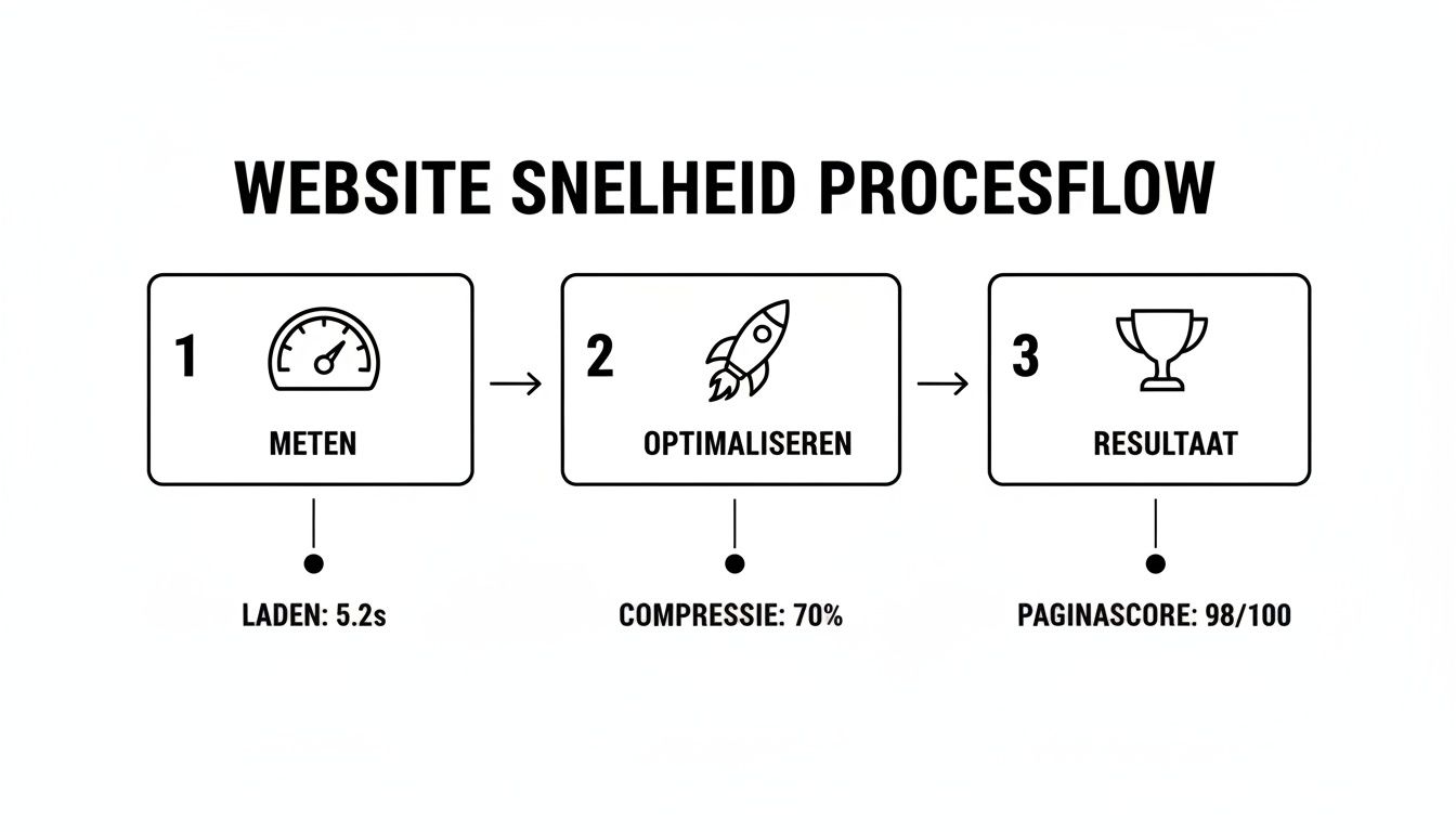 Procesflow voor het optimaliseren van website snelheid, inclusief meten, optimaliseren en resultaat, met bijbehorende statistieken.