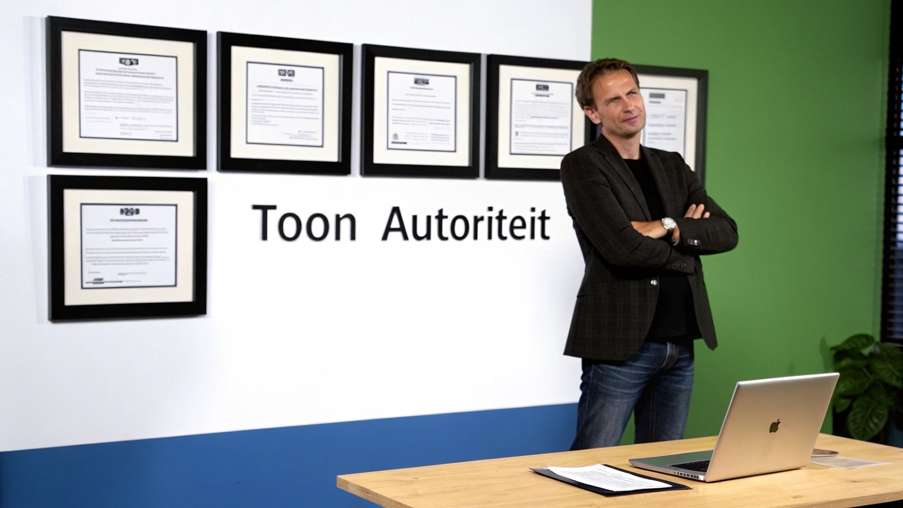 Man staat met gekruiste armen voor muur met ingelijste certificaten en de tekst 'Toon Autoriteit'.