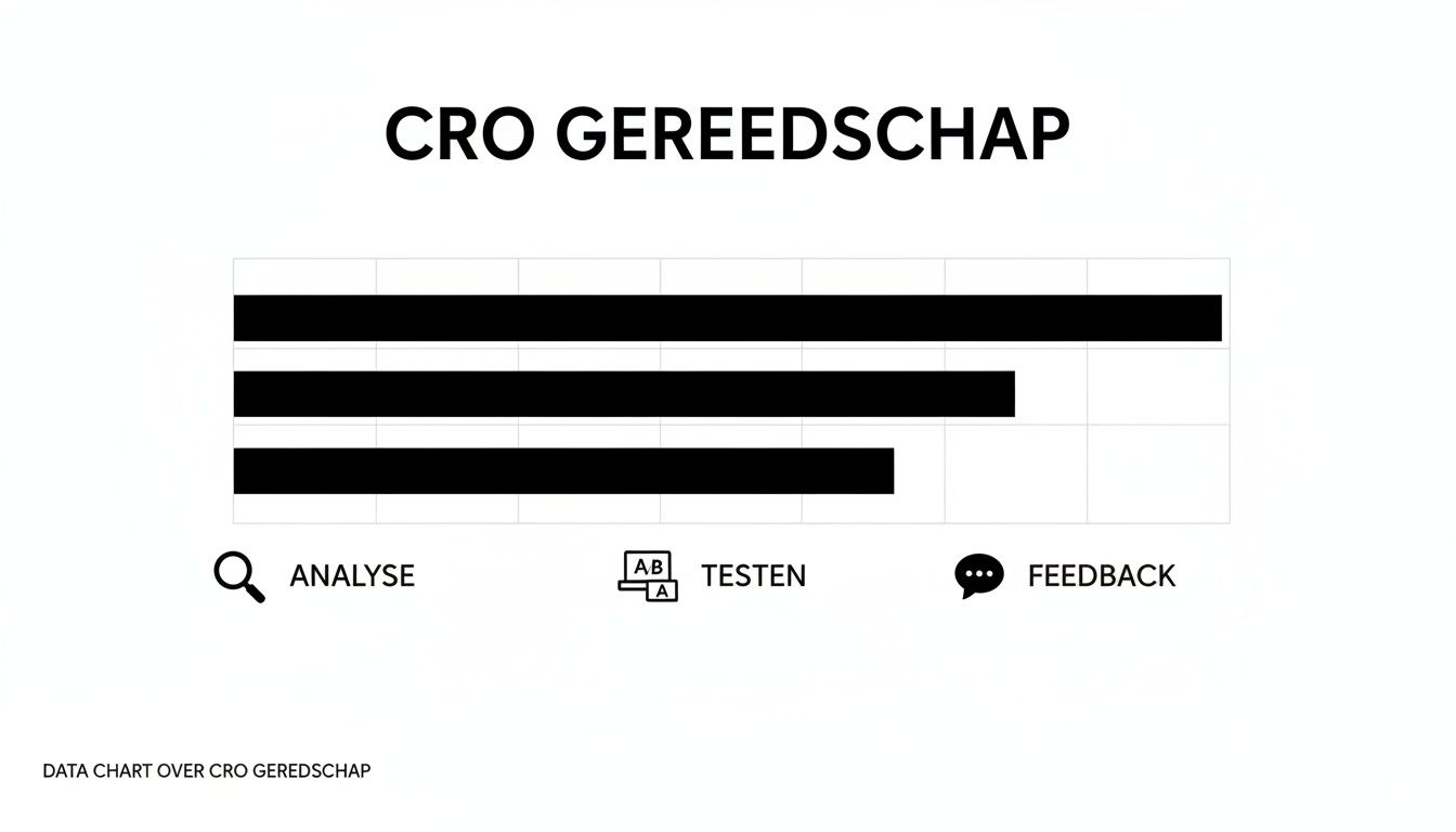 Een horizontale staafdiagram getiteld "CRO GEREEDSCHAP" met balken voor Analyse, Testen en Feedback.