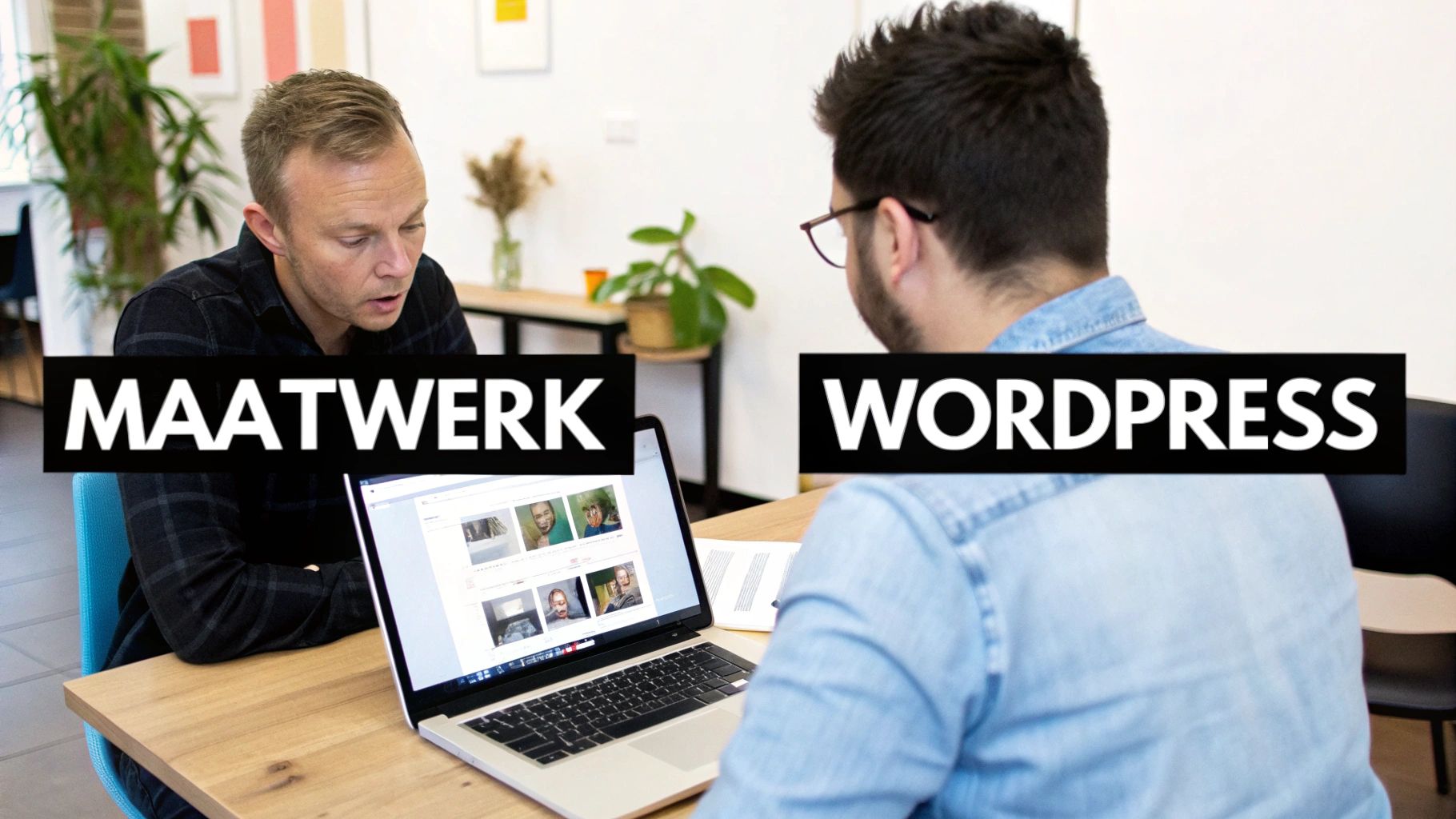 Twee mannen bespreken maatwerk en WordPress websites op een laptop aan een tafel.