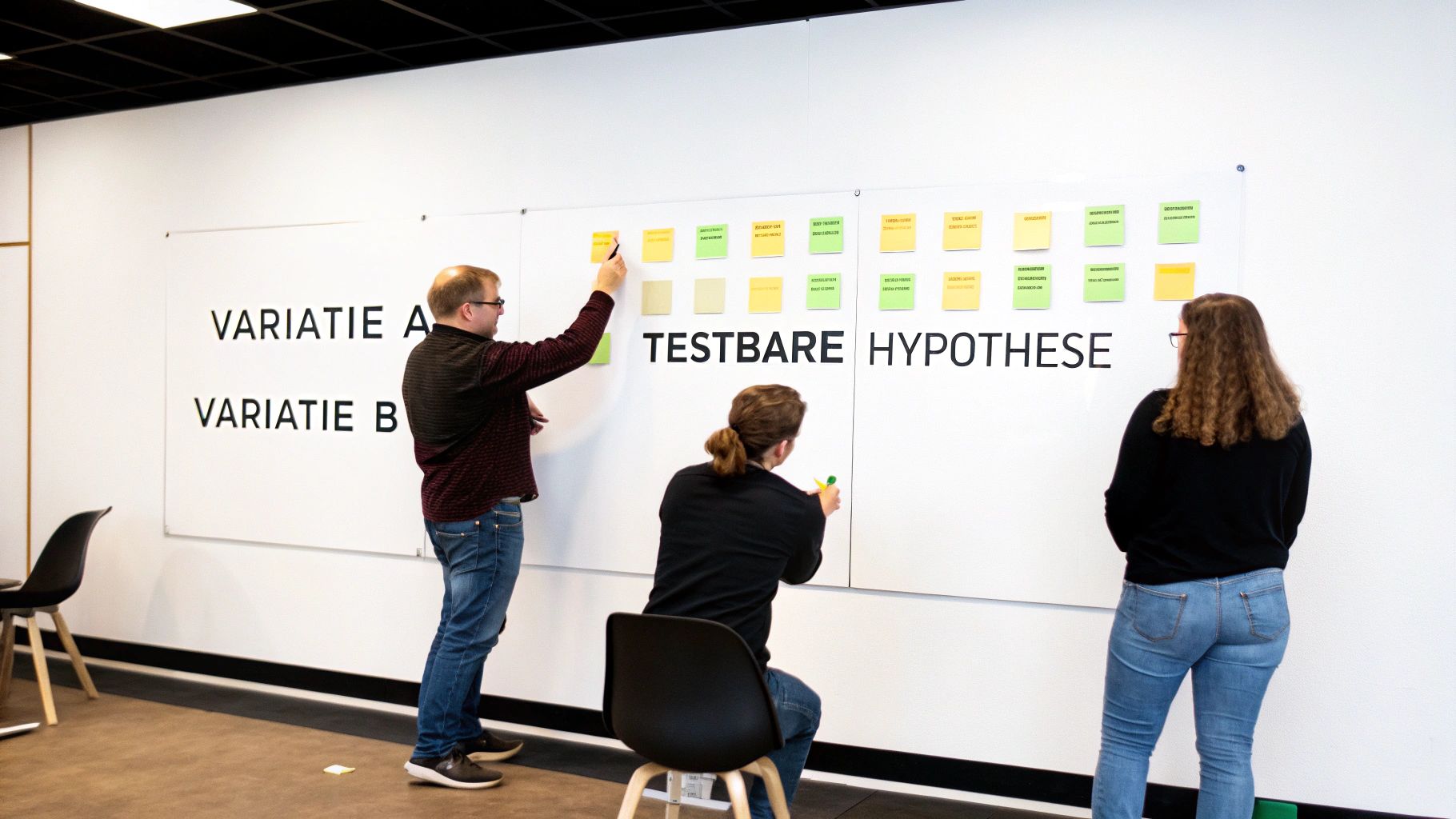 Drie mensen werken samen aan een whiteboard met post-its en teksten zoals "VARIATIE" en "HYPOTHESE".