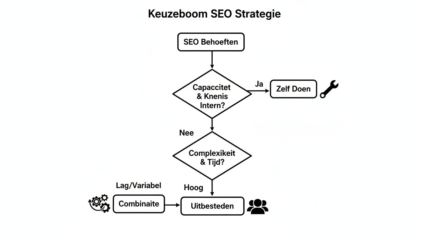 Keuzeboom voor SEO strategie. Bepaal of je SEO intern aanpakt, combineert of uitbesteedt, gebaseerd op kennis en tijd.