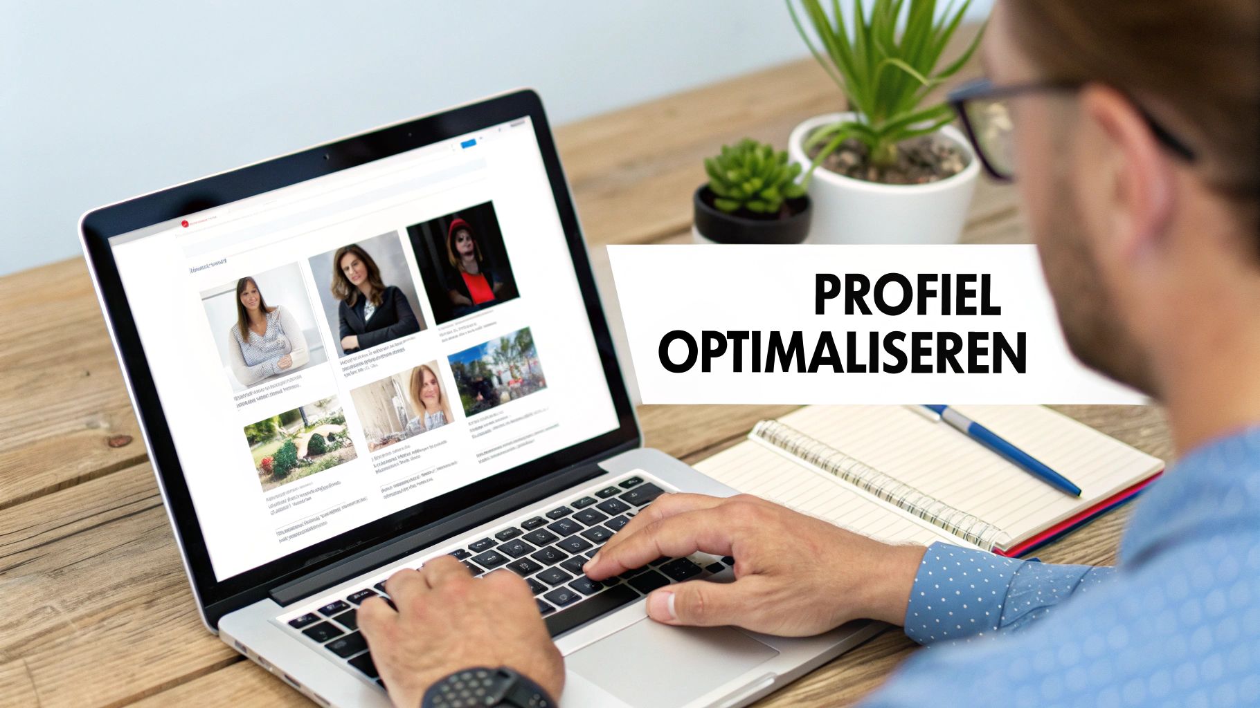 Man werkt op laptop, met tekst 'Profiel Optimaliseren' en voorbeelden van profielfoto's op het scherm.
