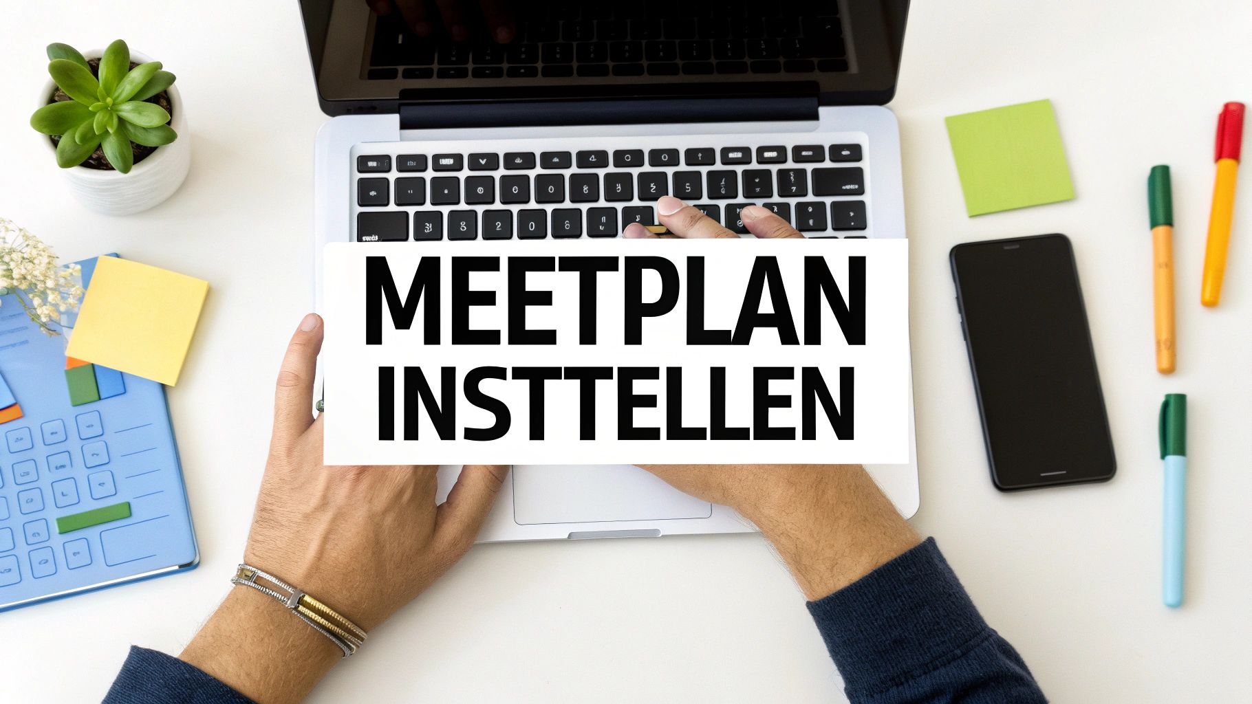 Bovenaanzicht van handen die een laptop toetsenbord bedienen, met een bordje 'MEETPLAN INSTTELLEN' erop, omringd door kantoorbenodigdheden.