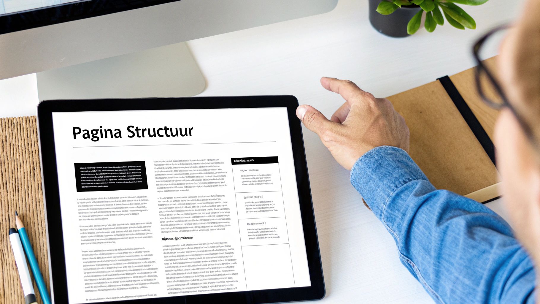 Een persoon bekijkt een tablet met daarop de tekst 'Pagina Structuur' en voorbeeldteksten, werkend aan een website.