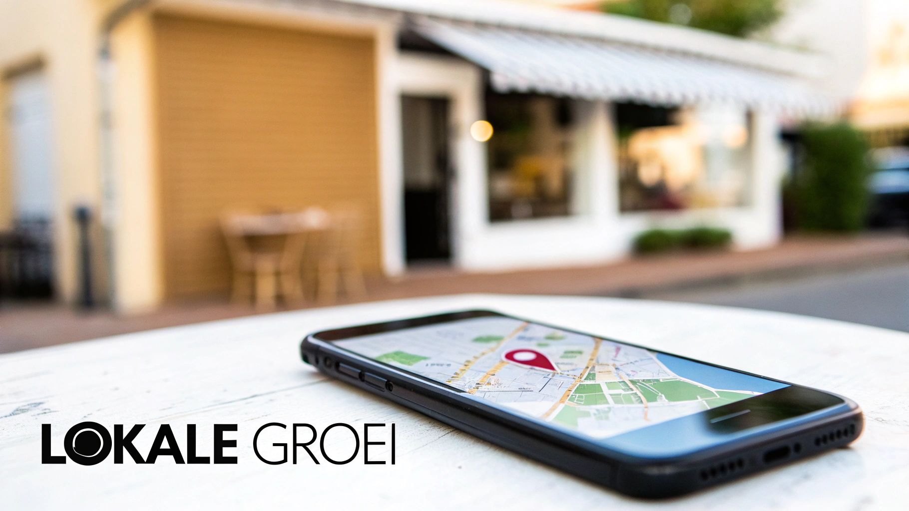 Smartphone op tafel met kaart-app toont locatiepin, met wazige winkel in de achtergrond, voor 'LOKALE GROEI'.
