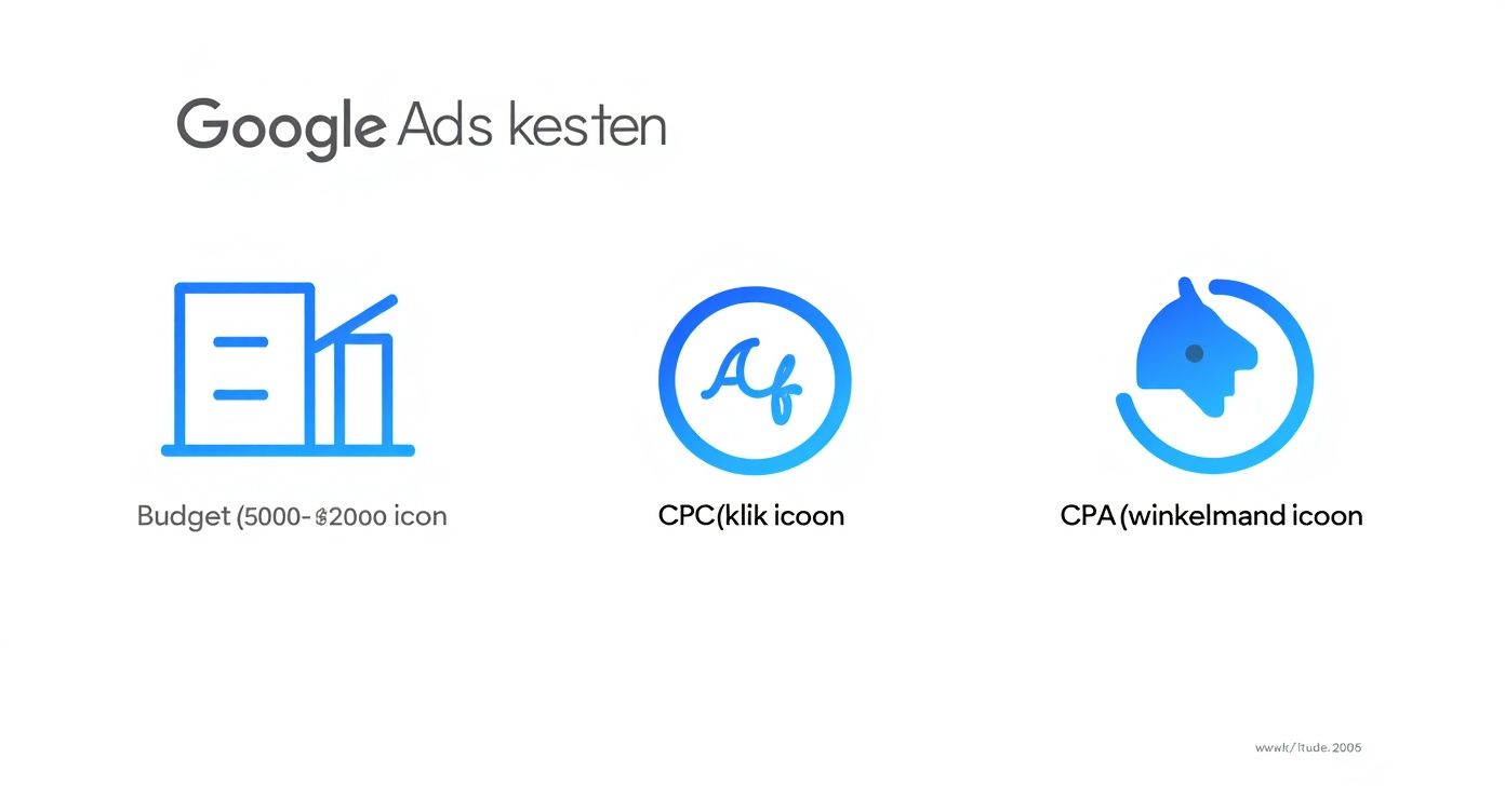 Een overzicht van Google Ads kosten met iconen voor budget, kosten per klik (CPC) en kosten per acquisitie (CPA).