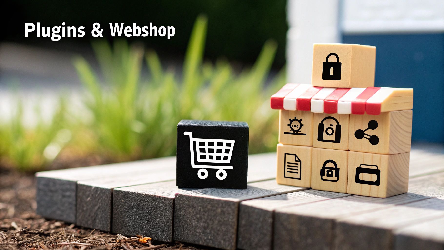 Houten blokken met winkelwagen en webshop iconen zoals een slot en instellingen, symboliseren plugins.