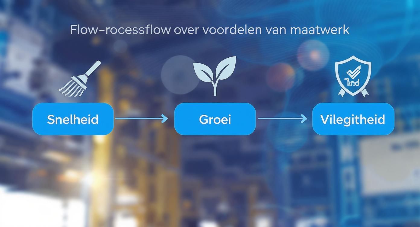 Flow-proces diagram met drie stappen: Snelheid, Groei en Vilegitheid voor voordelen van maatwerk websites