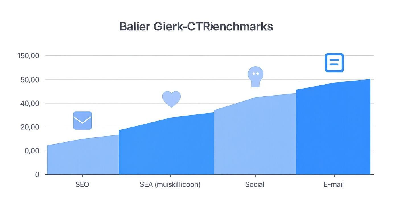 Staafdiagram toont Balier Gierk CTR-benchmarks voor SEO, SEA, Social en E-mail marketingkanalen met verschillende waarden.