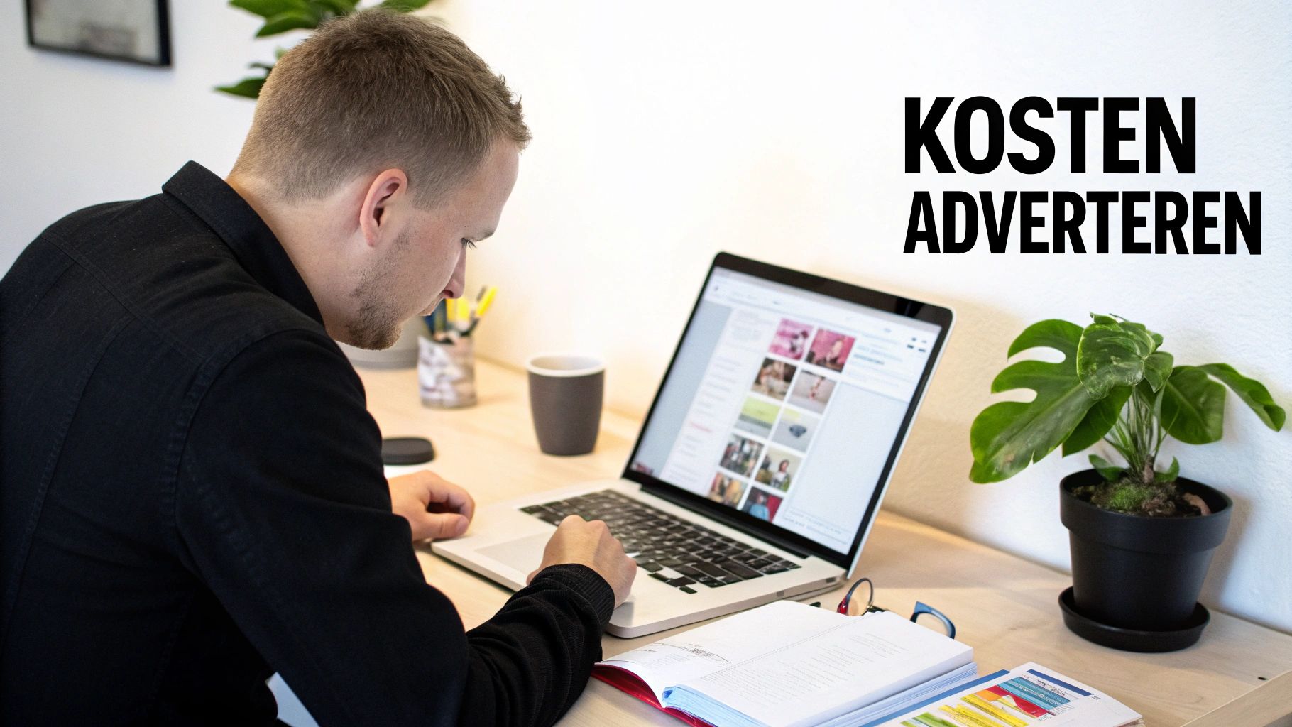 Een man werkt geconcentreerd achter een laptop aan een bureau met een plant en koffie, met de tekst 'Kosten Adverteren' op de muur.