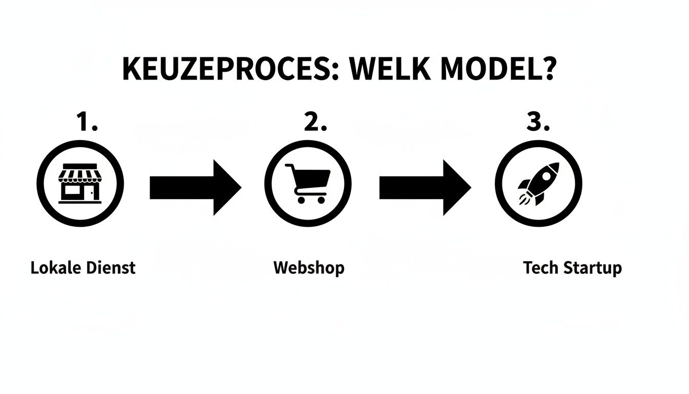 Visualisatie van een keuzeproces: drie businessmodellen in een stroomschema, van lokale dienst tot tech startup.