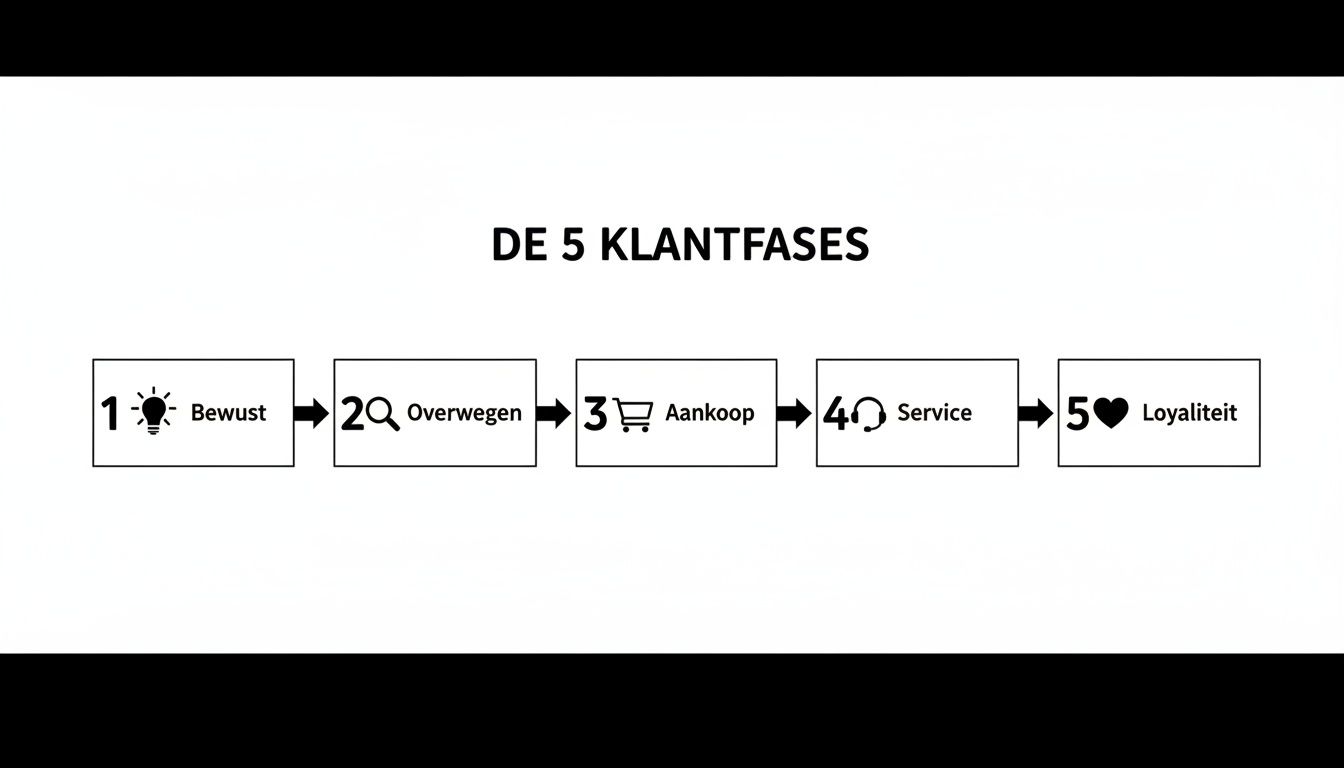Overzicht van de 5 klantfasen in een stroomschema: bewustzijn, overweging, aankoop, service en loyaliteit.