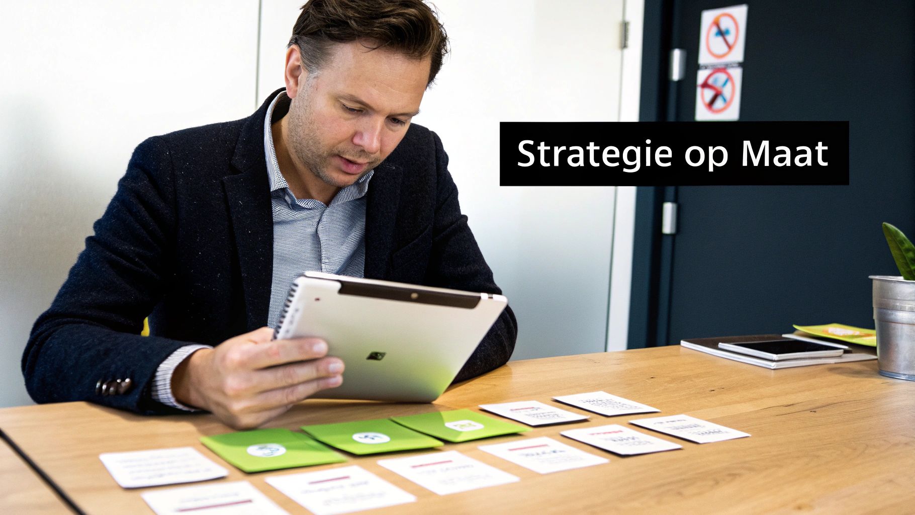 Man met een tablet en strategiekaarten op een houten tafel, met de tekst 'Strategie op Maat' op de achtergrond.