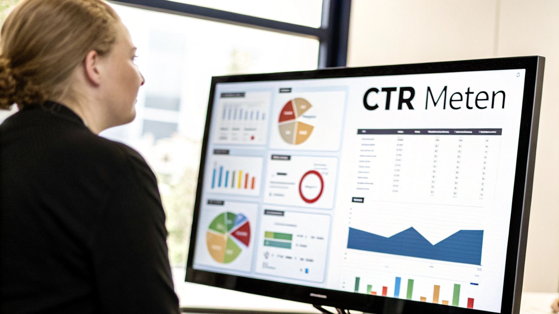 Een persoon bekijkt een computerscherm met een dashboard over 'CTR Meten', inclusief grafieken en tabellen voor data-analyse.