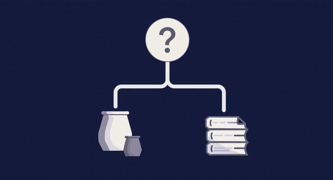 Infografía tipo árbol de decisión que ayuda a elegir un estante de cristal según el objeto a colocar, ya sea decoración o libros.