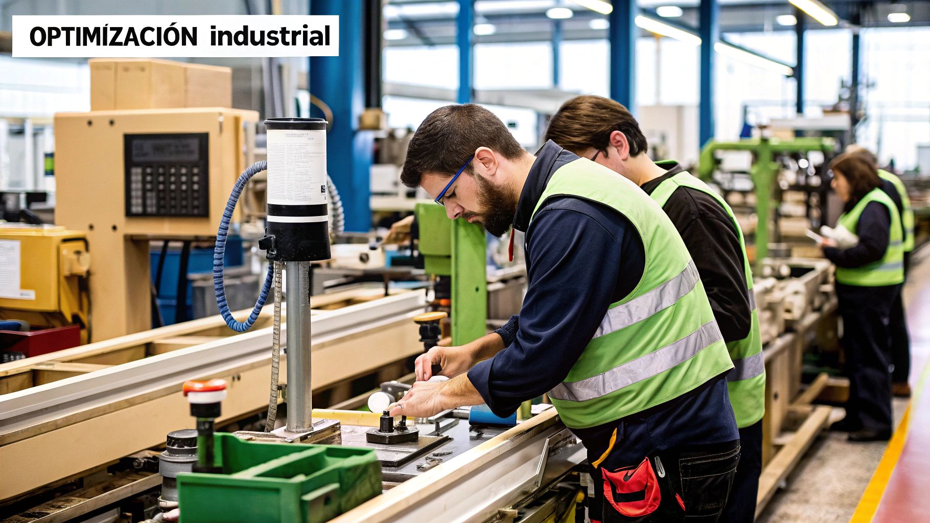 Ingenieros industriales analizando datos en una tablet frente a maquinaria pesada.
