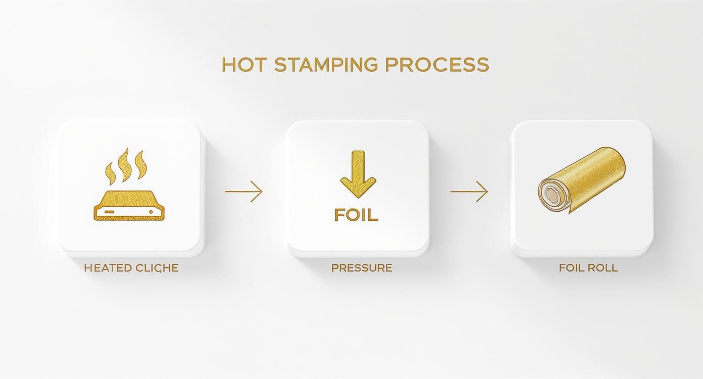 Infografía sobre el proceso de las hot stamping maquinas en 3 pasos: Calor, Presión y Foil.