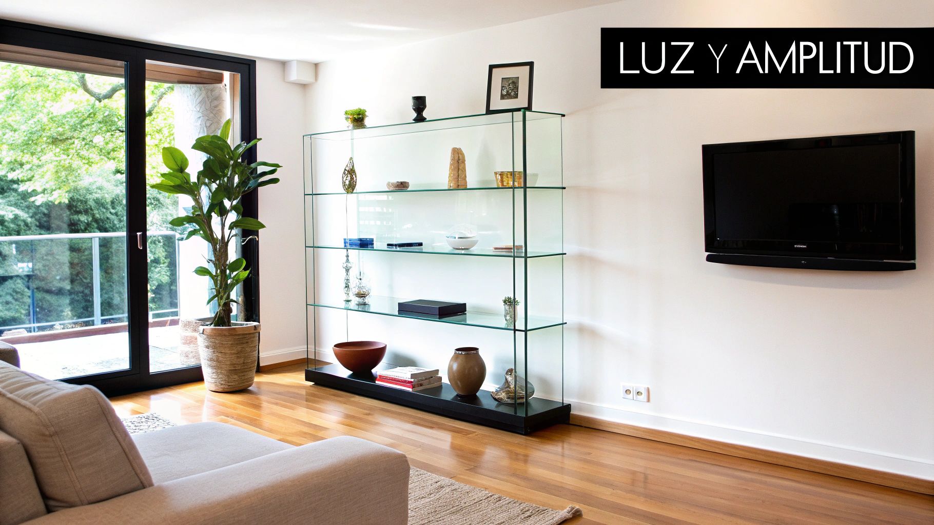 Estantes de cristal en un salón moderno con objetos decorativos.