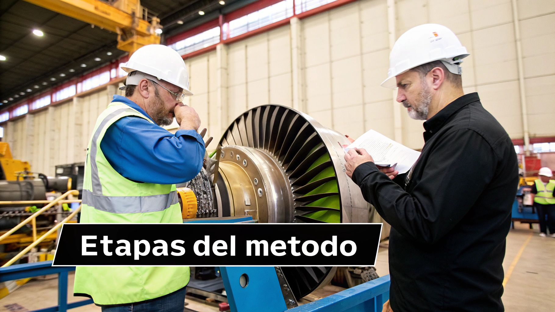 Ingenieros trabajando en una turbina industrial, aplicando los métodos de la ciencia.