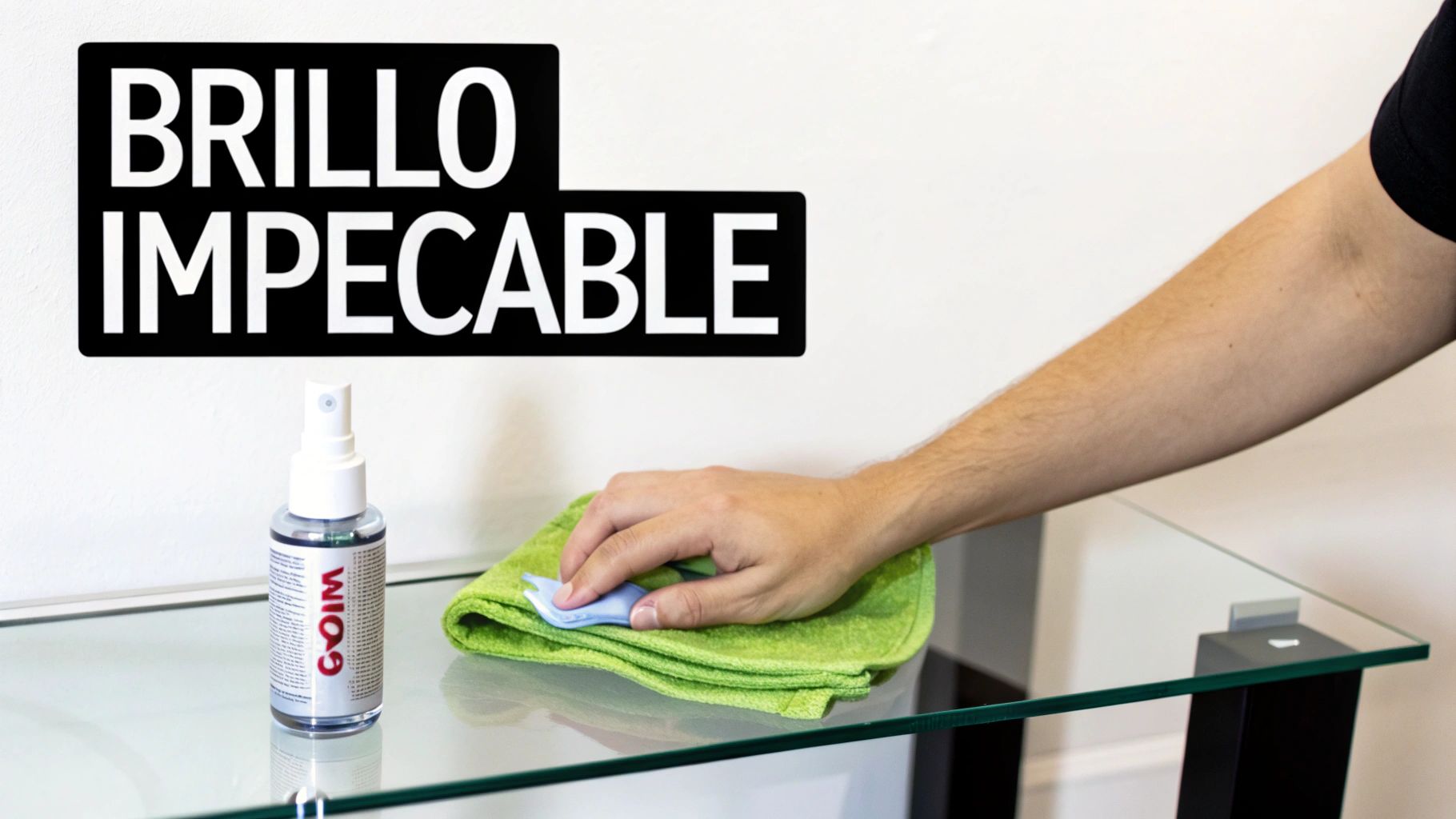 Una persona limpiando un estante de cristal con un paño de microfibra.