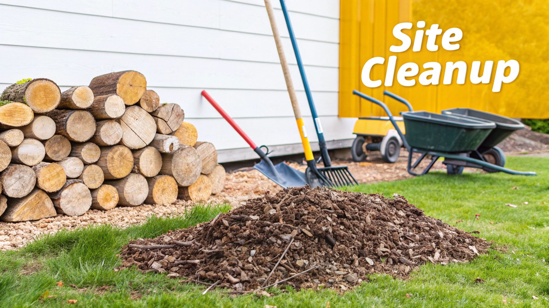 A backyard site cleanup scene with stacked firewood, garden tools, dirt pile, and wheelbarrows.