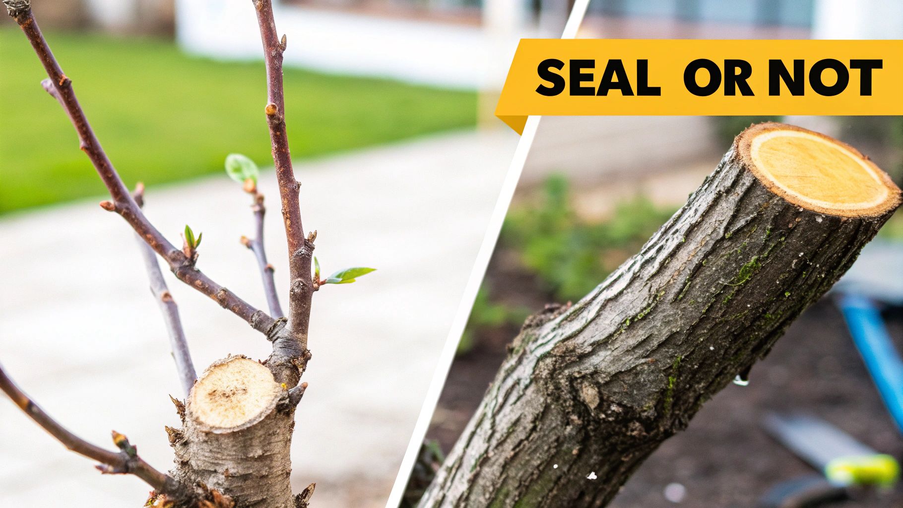 A split image showing a small pruned tree branch and a large, freshly cut tree trunk, asking "Seal or Not."