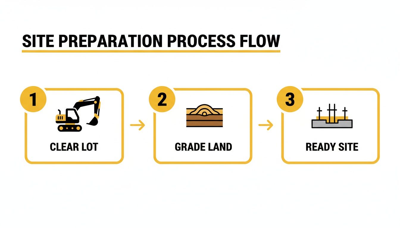 Flowchart illustrating three steps of site preparation: clear lot, grade land, and ready site.