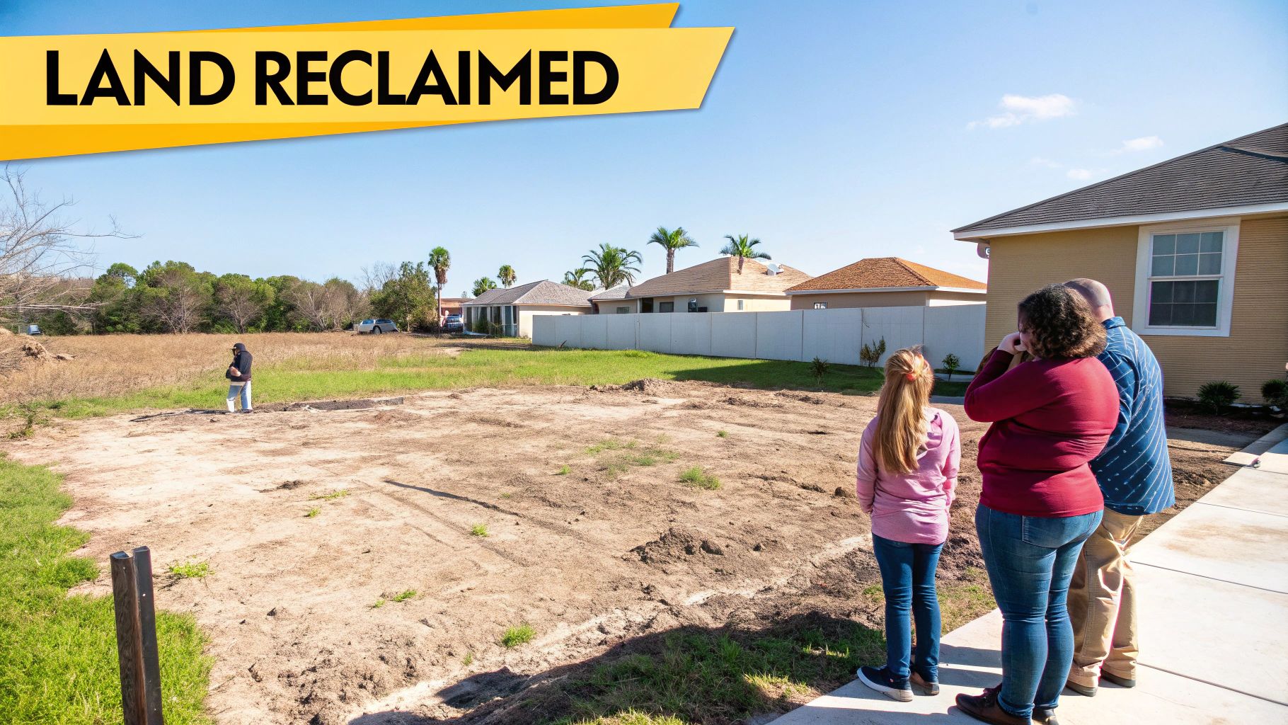 A family observes a large plot of reclaimed land in a residential area, with a person working.