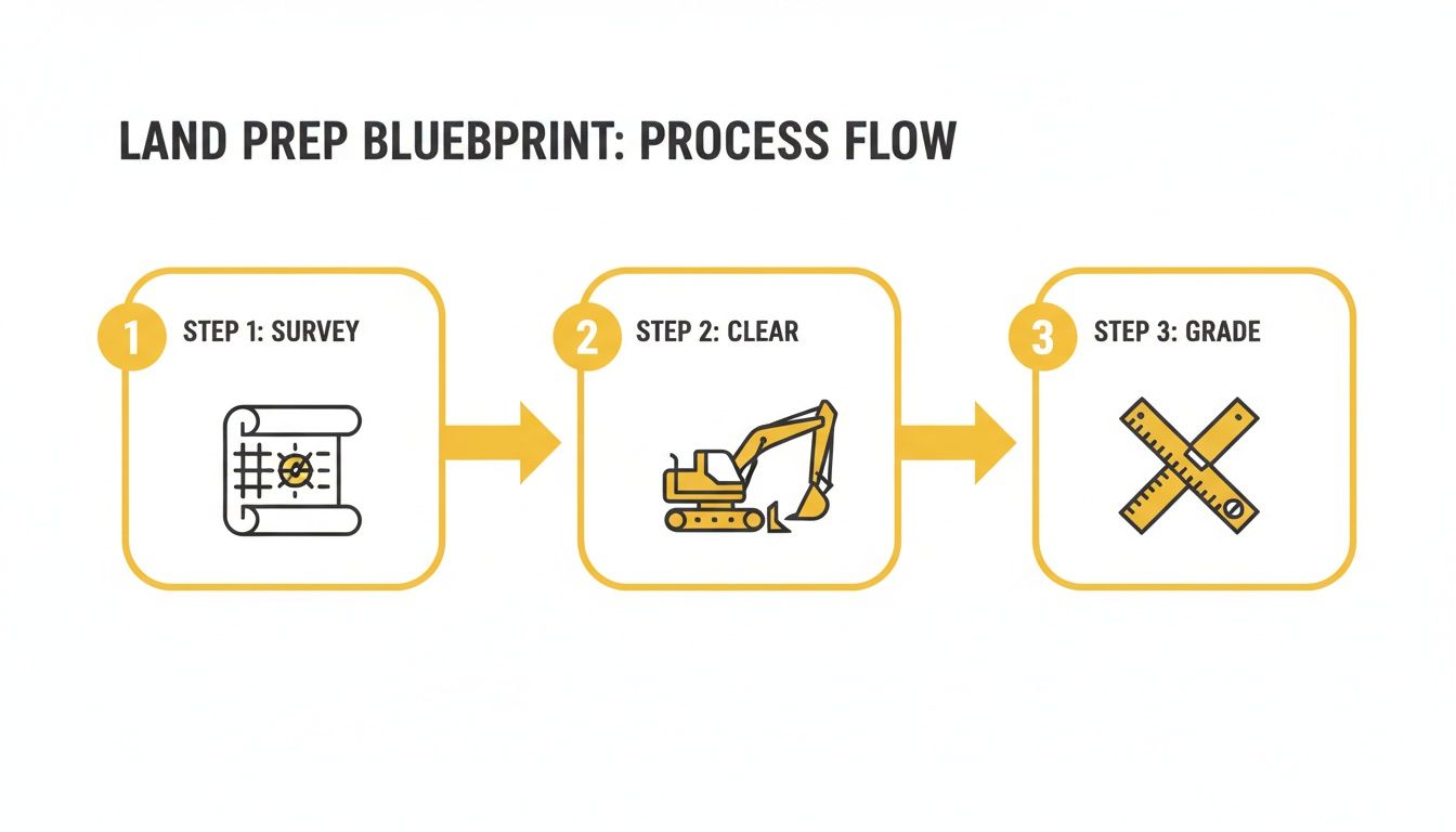 A three-step process flow diagram for land preparation: Survey, Clear, and Grade, with illustrative icons.