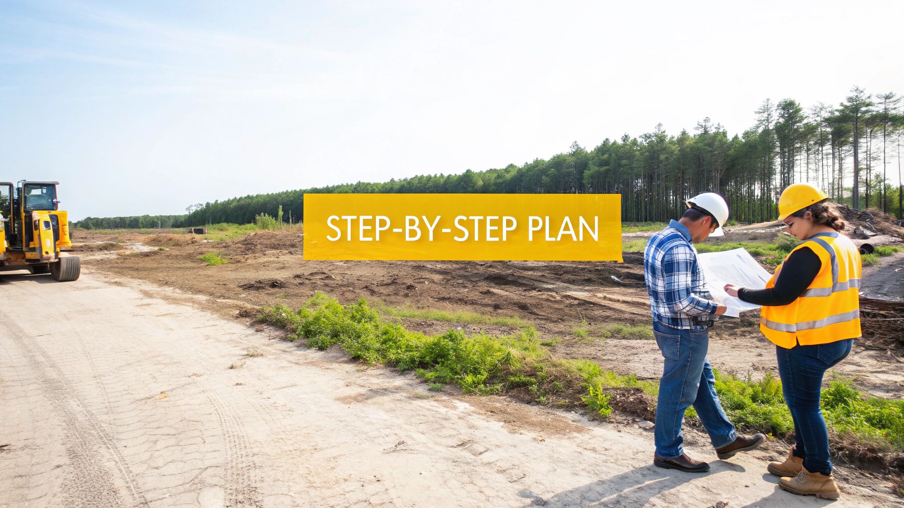 Two construction professionals reviewing step-by-step plan at cleared land development site with equipment