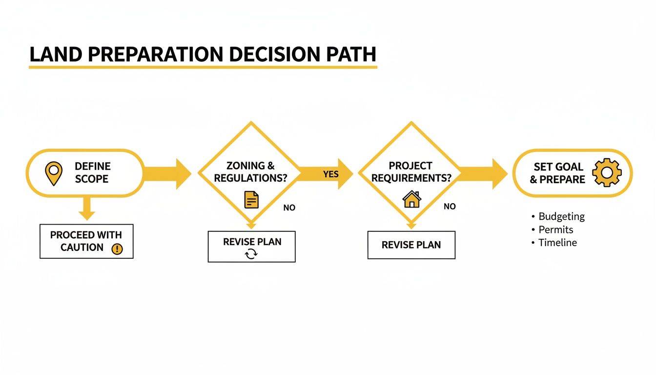 A flowchart detailing the land preparation decision path, covering scope, zoning, requirements, and goal setting.