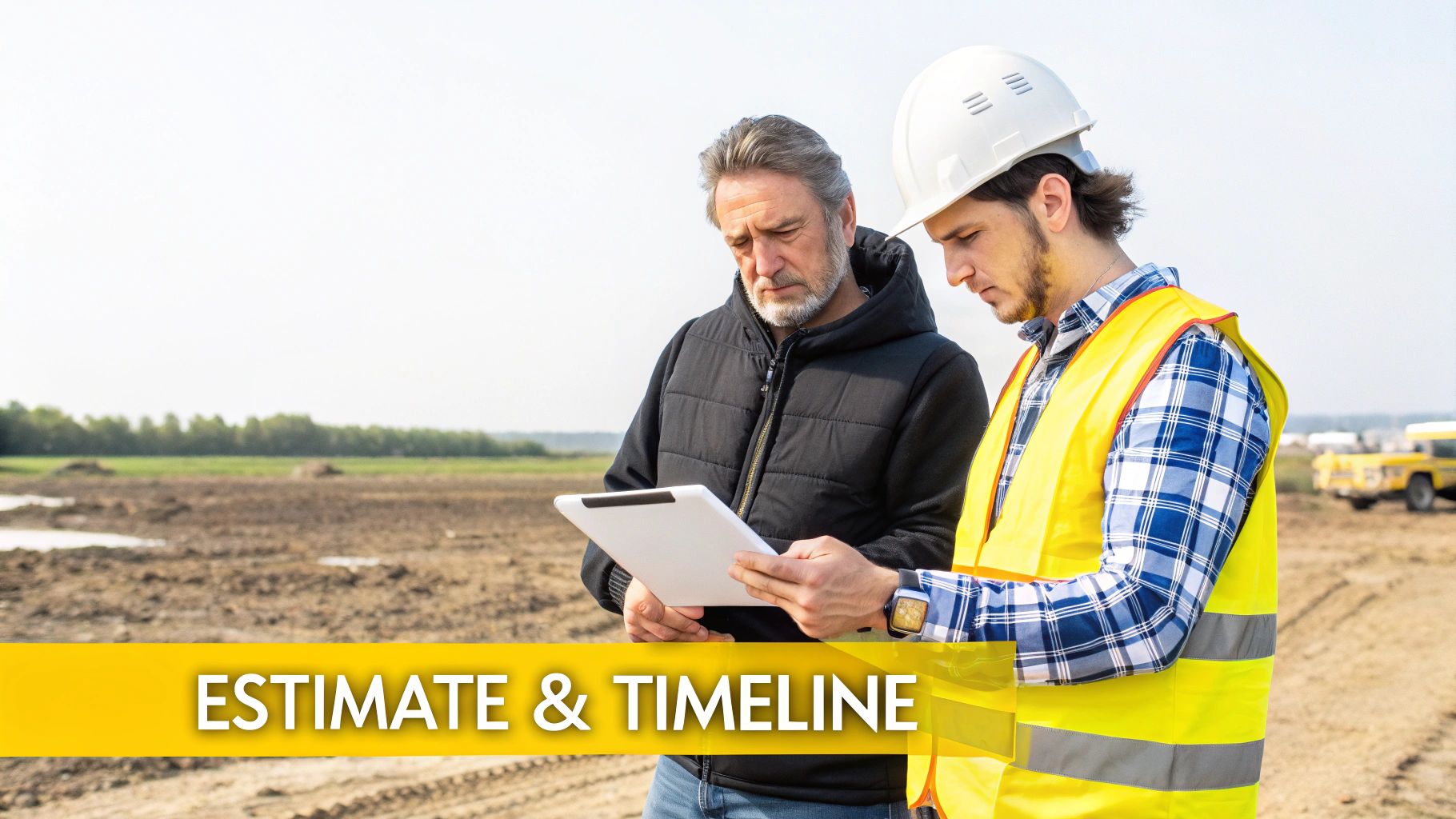 Two construction professionals reviewing plans on a digital tablet at a muddy job site.