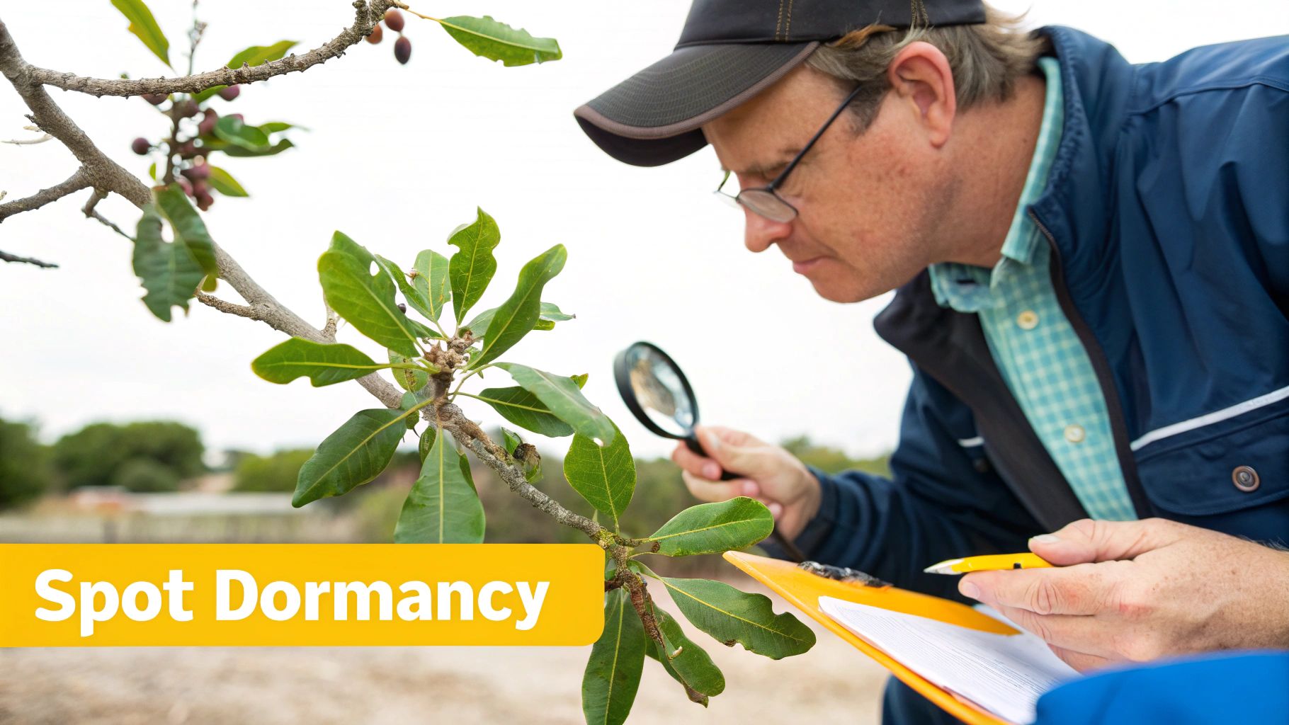A botanist uses a magnifying glass to closely examine a tree branch with green leaves and fruit.