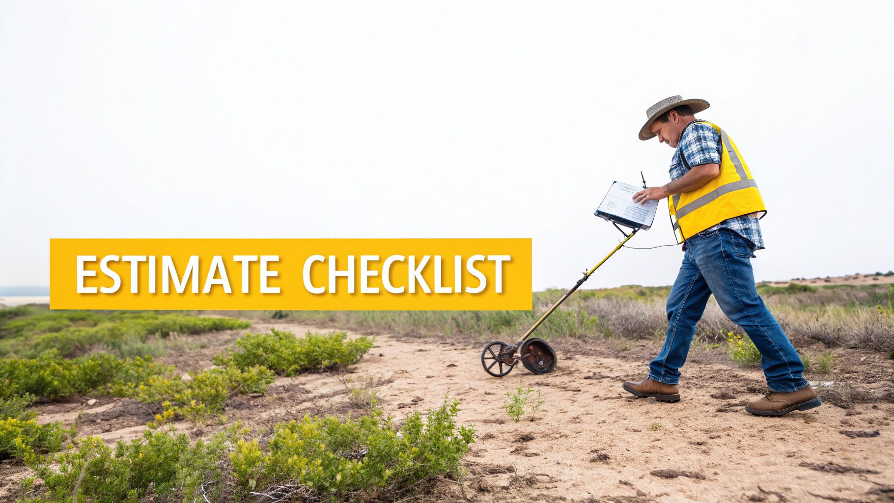 Man in safety vest measures land with a distance wheel, reviewing an estimate checklist.