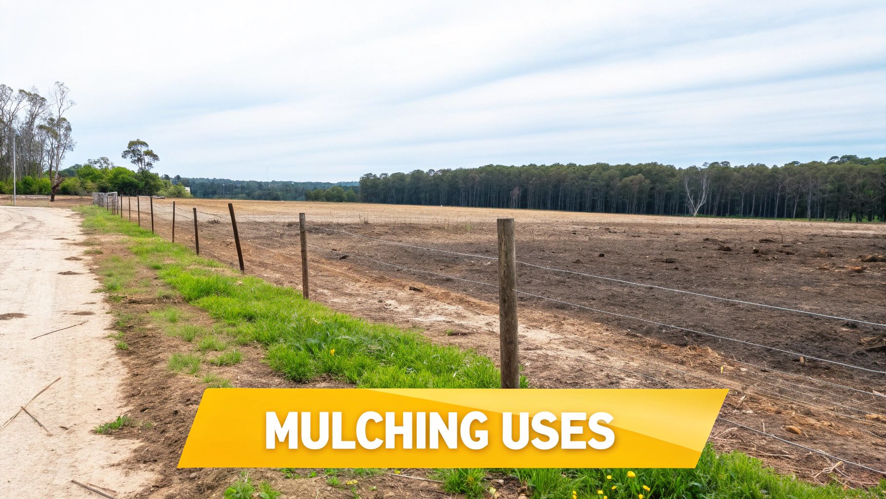 Expansive agricultural field with a dirt road, a fence, and distant trees under a cloudy sky.